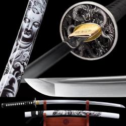 V&eacute;ritable Katana Japonais, Lame Aff&ucirc;t&eacute;e en Acier Forg&eacute; 1060, Tranchant de Combat, Peau Synth&eacute;tique