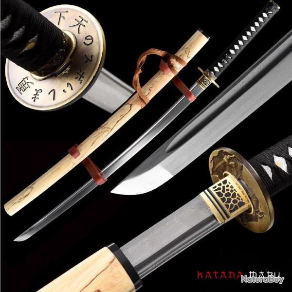 Sabre Japonais V�ritable, Katana de Combat Aff�t�, Acier Damas Forg� � la Main, Hamon R�el, Ray Skin