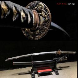 Katana Samurai Authentique en Acier 1095 Tremp&eacute; &agrave; l'Argile, Lame Pleine Soie Aff&ucirc;t&eacute;e avec Hamon et P