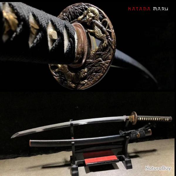 Katana Samurai Authentique en Acier 1095 Tremp� � l'Argile, Lame Pleine Soie Aff�t�e avec Hamon et P
