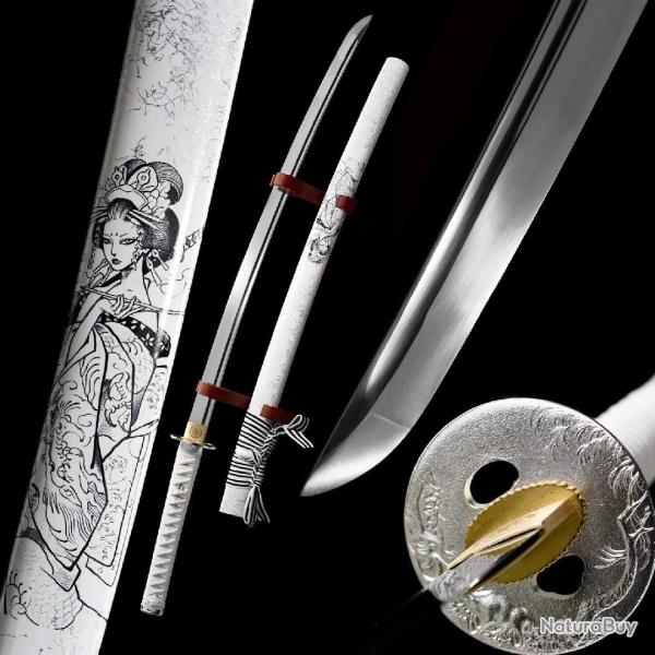 Katana Japonais Authentique, Lame en Acier 1060 Forg�e � la Main, Tranchant R�el, Peau Fausse, Pr�t 