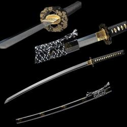 V&eacute;ritable Katana Japonais en Acier T10 Tremp&eacute; &agrave; l'Argile, Hamon R&eacute;el, Peau de Raie Authentique, Tran