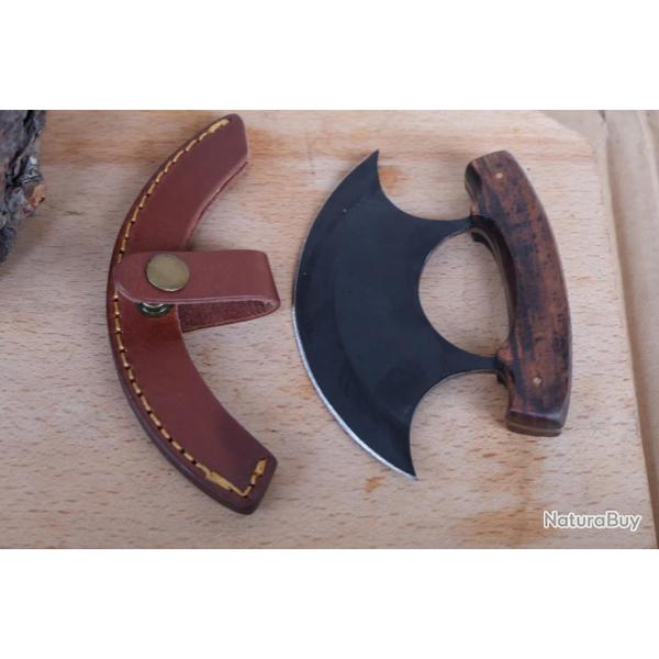 Couteau D'esquimau Ulu Inuit Lame Acier Inox Manche Bois Etui Cuir PA8026