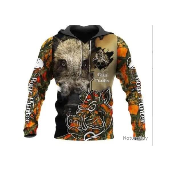 WBWA Sweat Floquer 3D avec T�te de Sanglier R743 - Livraison Gratuite