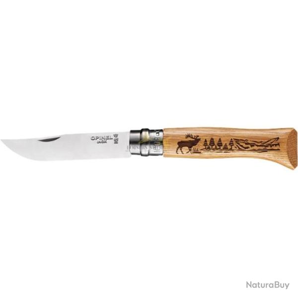 Couteau pliant en bois et acier inoxydable avec gravures "Cerf" - Opinel (fabriqu� en France)