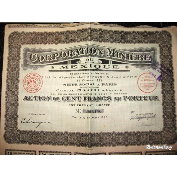 ACTIONS aux porteur de Cent Francs corporation miniere du Mexique 1923