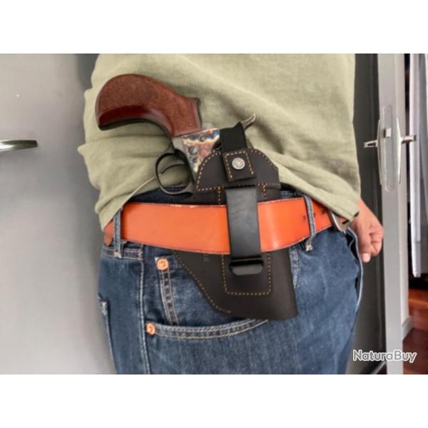 mini holster luxe cuir brun pour revolver poudre noire sheriff et subnoses ambidextre.