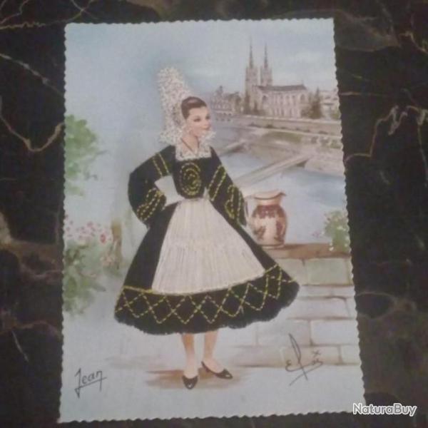 ancienne carte postale tiss�e    " Tenue traditionnelle bretonne "   sign� JEAN