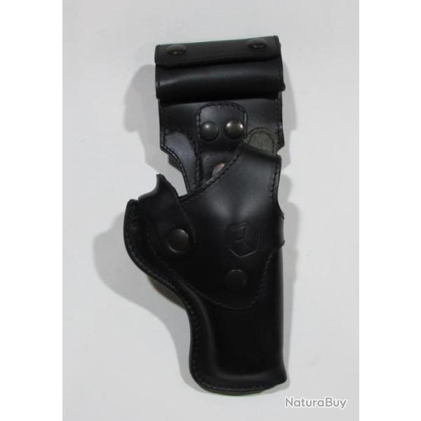 Holster de ceinture multiposition en Cuir pour Revolver Manurhin F1 canon 3 pouces porte cartouches