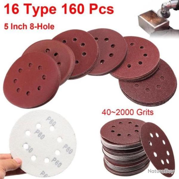 160Pcs Papier de Verre Pon�age Polissage Disque Pad 125mm 8 Trou Grit 40#-2000#