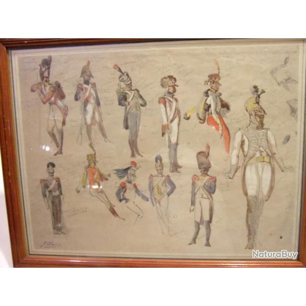 Etude de costumes d'infanterie 1er empire par CLAIRIN au crayon, encre et gouache