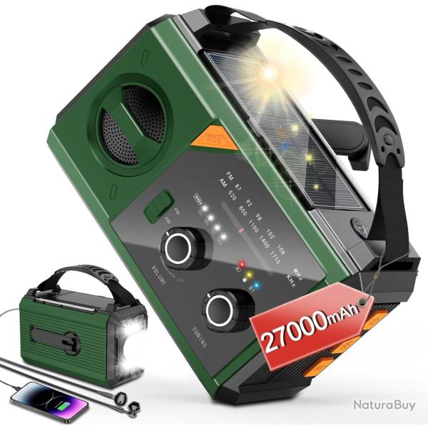 Radio Solaire Portable AM/FM Batterie 27000mAh Bluetooth Boussole SOS Manivelle Lampe de Poche