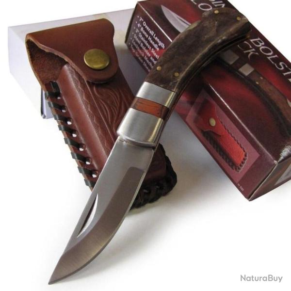 Couteau Rite Edge BONE Manche Os Lame Acier Inox Lockback Etui Cuir CN8001BR