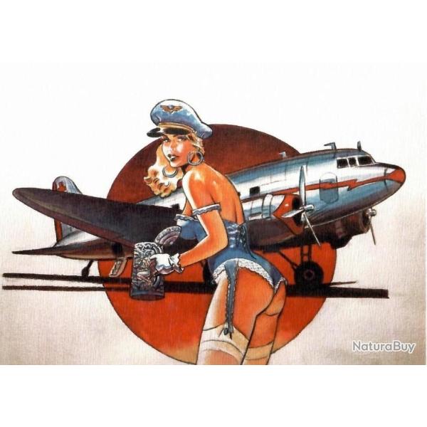 SUPER DAKOTA DC-3 avion de l�gende et son H�tesse de l'Air sexy PIN UP d�sarm�e ...ex libris sign�