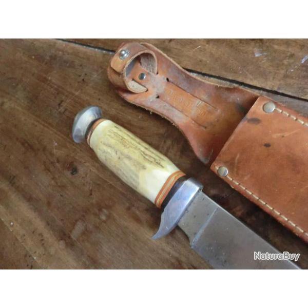 ancien grand couteau chasse  avec  etui cuir motif decor cerf