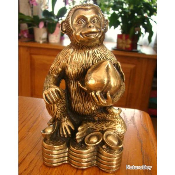 SPLENDIDE PETIT BRONZE ANCIEN - SINGE SOURIANT ASSIS SUR DES LINGOTS ET MONNAIES EN OR + ESTAMPILLE