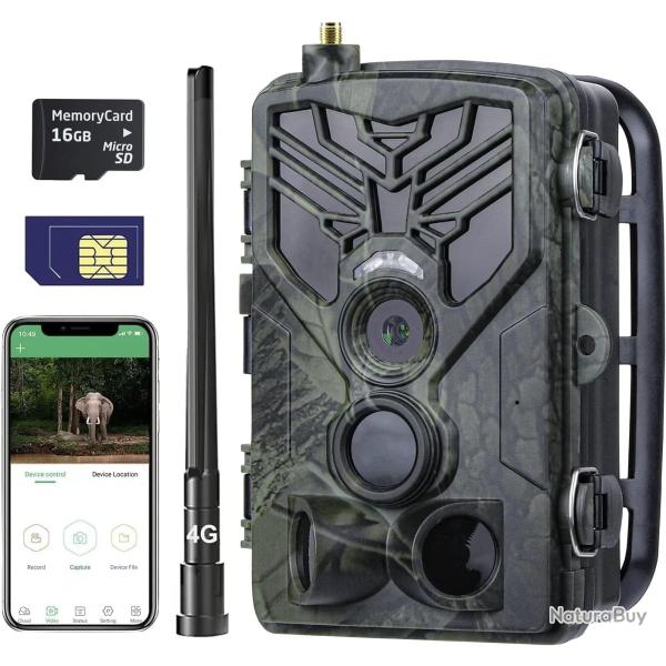 Camera de Chasse 4G APP, 4K 120MP avec Carte SIM Vision Nocturne Infrarouge Vid�o en Direct