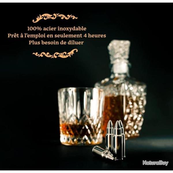 Coffret cadeau St Valentin ! Gla�ons R�utilisables 6 Pierres � Whisky en Forme de Cartouche acier. B