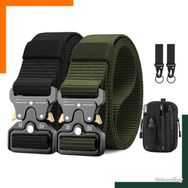 Lot de 2 ceintures tactiques - Noir et vert - Pochette et 2 crochets LIVRAISON GRATUITE ET RAPIDE