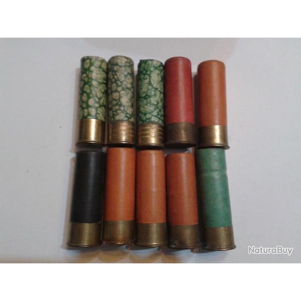 Lot 10 anciennes cartouches carton Calibre 12 - Balles et Chevrotines