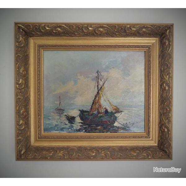 Superbe marine encadr�e-Huile sur toile d�but XX�me sign�e et encadr�e-Collection personnelle-Marine