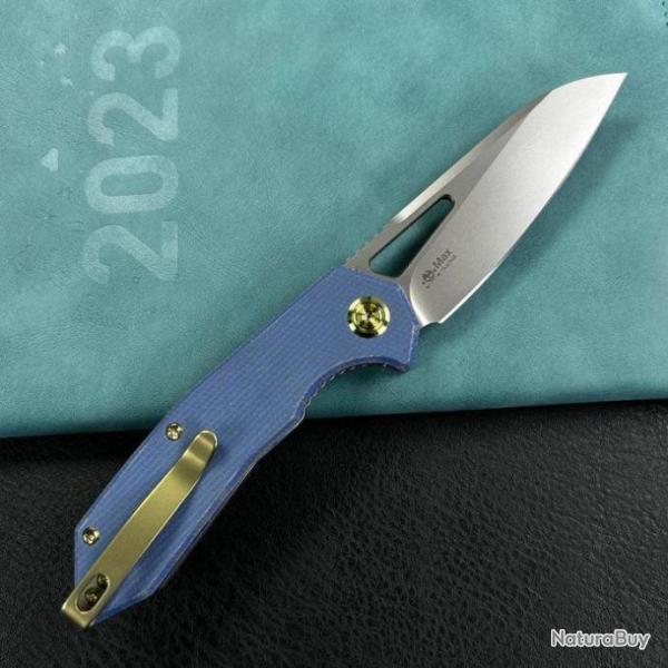 Couteau KUBEY Vagrant Blue Manche Micarta Lame Acier M390 Sandblast IKBS Linerlock Clip KUB291U