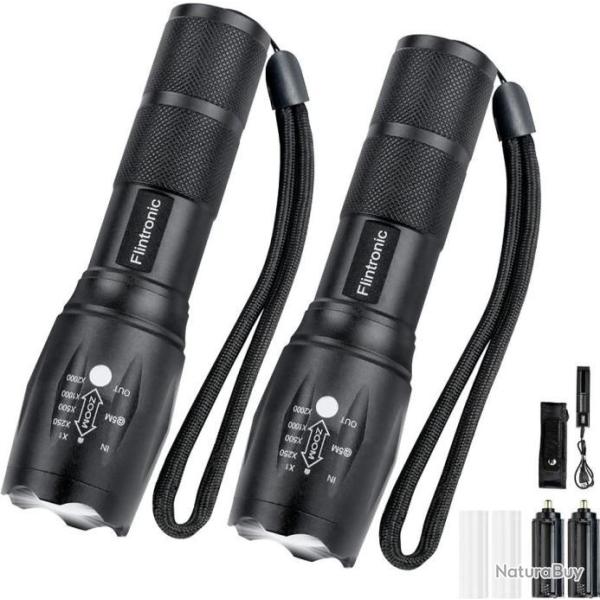 Lampe Torche LED Lot de 2 Pcs 3500 Lumens Chargeur USB Holster �tanche IPX6  5 Modes Longue Port�e
