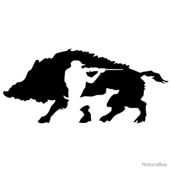 Noir sur blanc - Autocollant, d�coration, voiture - Chasse, sanglier, chien arret - 25cm x 11cm