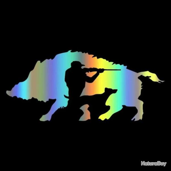 Holographique - Autocollant, d�coration, voiture - Chasse, sanglier, chien arret - 25cm x 11cm