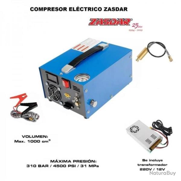 Compresseur �lectrique ZASDAR 12v/220v pour PCP 300 Bar. 1000cc. (4500PSI/30MPH)