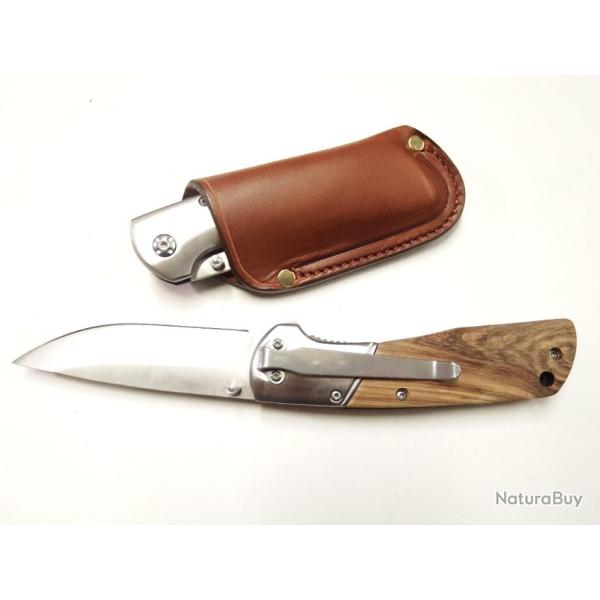Couteau pliant, � clip, manche bois vendu avec pochette cuir