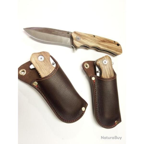 Couteau pliant, � flip, manche bois vendu avec pochette cuir