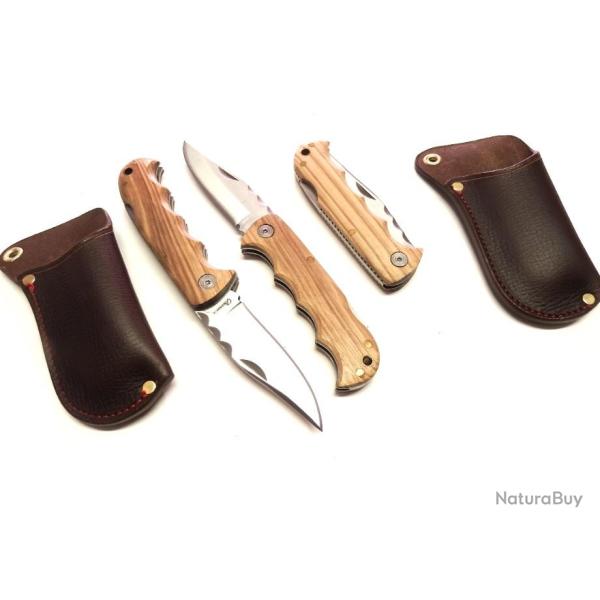 Couteau pliant, avec backlock , manche bois vendu avec pochette cuir