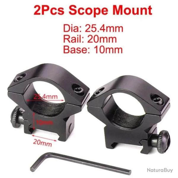 Anneau De Montage Tube 25.4M Rail 20MM Base 10MM - LIVRAISON GRATUITE !!