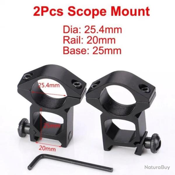 Anneau De Montage Haut Tube 25.4M Rail 20MM Base 25MM - LIVRAISON GRATUITE !!