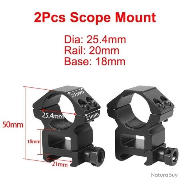 Anneau De Montage Haut Tube 25.4MM Rail 20MM Base 18MM - LIVRAISON GRATUITE !!