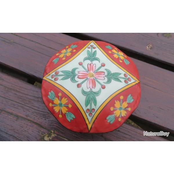 Ancienne grande bote porcelaine de Limoges"PALLAS"forme ronde dcor florale peint main (Vers 1950)