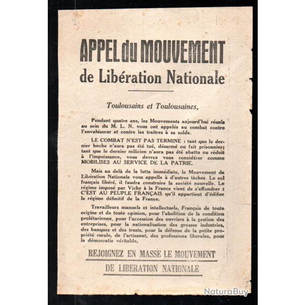 appel du mouvement de lib�ration nationale toulouse MLN,