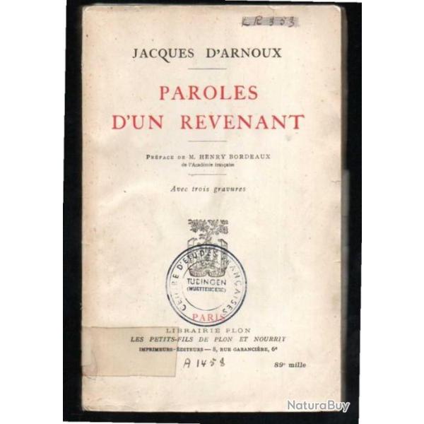 paroles d'un revenant de jacques d'arnoux , guerre 1914 1918 aviation-hopitaux tampon tubingen