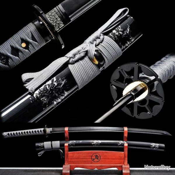 Katana Samoura� Noir Gris, Lame Acier Carbone T10, Tranchant Sup�rieur
