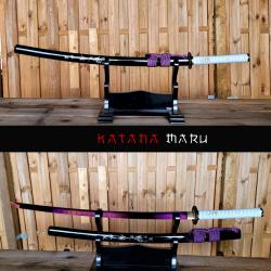Katana lame violette T10 - Saya noir bambou en coquillage inscrust&eacute;