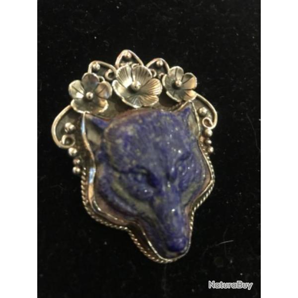 Pendentif am�rindien t�te de loup lapis lazuli sur argent sculpt�