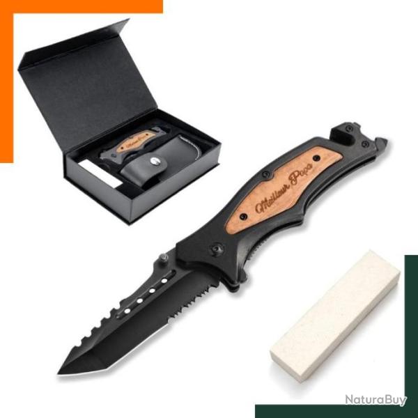 Couteau pliant de survie multifonction 6 en 1 - Manche en bois d'olivier - Pour randonn�es, camping