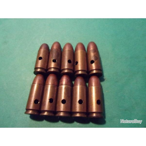 10 munitions 9 mm Para WRA tui laiton, balle blindes cuivres, neutralises