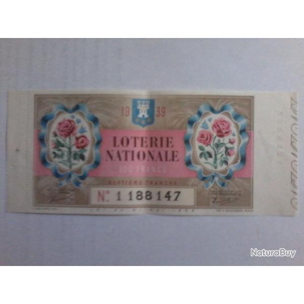 ancien billet loterie Nationale 7� tranche de 1939