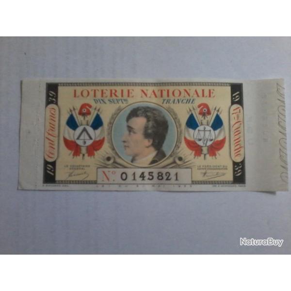 ancien billet loterie Nationale 17� tranche de 1939