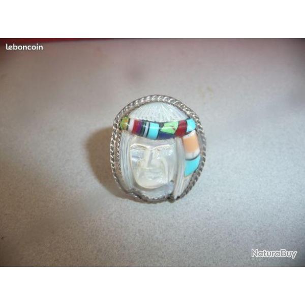 bague t�te chef indien nacre polychrome multi pierres sur argent sterling 925