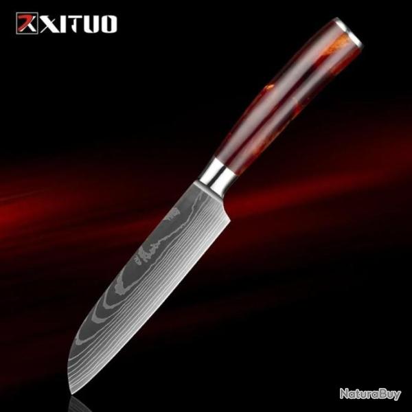 Couteau Cuisine Santoku Tranchant Rasoir Acier Allemand Hauteur Carbone Lame 11 Cm Ergonomique