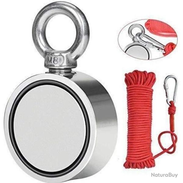 Aimant R�cup�ration Puissant Double face 300KG Corde tress�e Orange 20 M