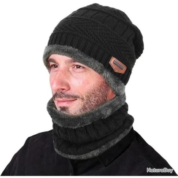Bonnet + Echarpe Ensemble Hiver Homme Molleton Tricot� Chaud Noir Taille Unique